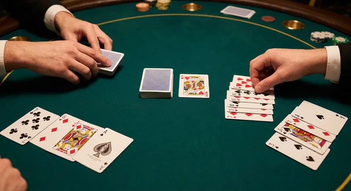 The deal in Contract Rummy: cards dealt to each player beside the stock and discard pile
