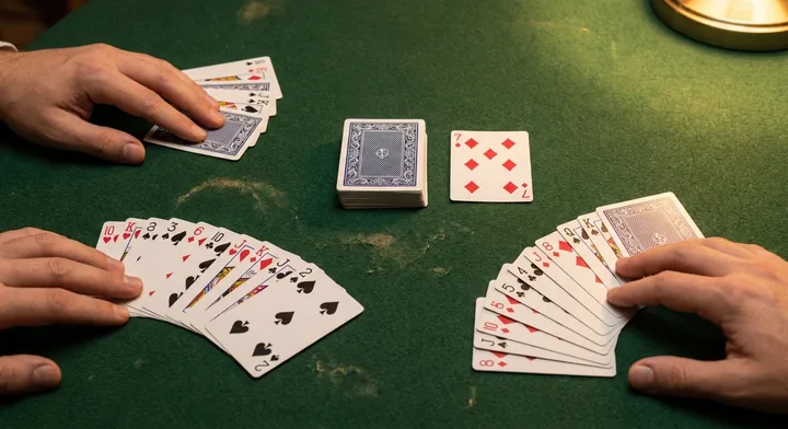 The deal in Gin Rummy: cards dealt to each player beside the stock and discard pile