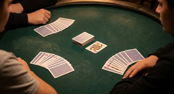 The deal in Indian Rummy: cards dealt to each player beside the stock and discard pile