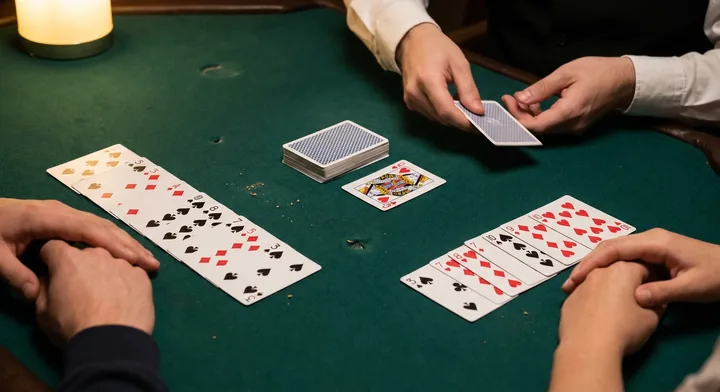 The deal in Rummy: cards dealt to each player beside the stock and discard pile