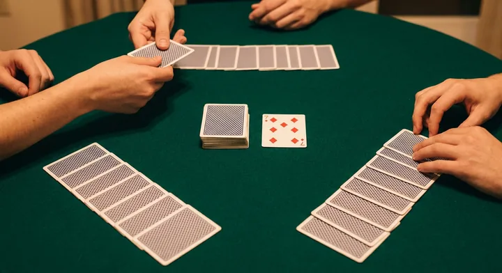 The deal in Straight Gin: cards dealt to each player beside the stock and discard pile